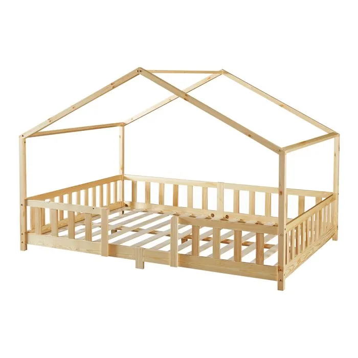Lit d'Enfant Forme Maison avec Grille de Protection Treviolo 200 x 140 cm Naturel-1