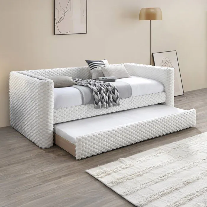LEANA - Lit gigogne tissu blanc 90x190 cm-1