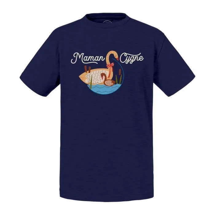 T-shirt Enfant Bleu Maman Cygne et son Bébé Dessin Illustration-0