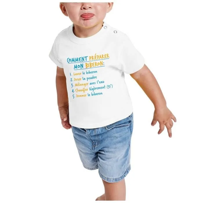 T-shirt Bébé Manche Courte Blanc Comment Préparer un Biberon Papa Maman Blague-1