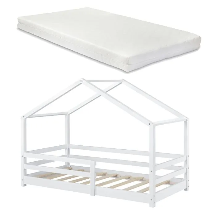 Lit Cabane Knätten avec Grille de Protection et Matelas Mousse à Froid 200 x 90 cm Blanc-1
