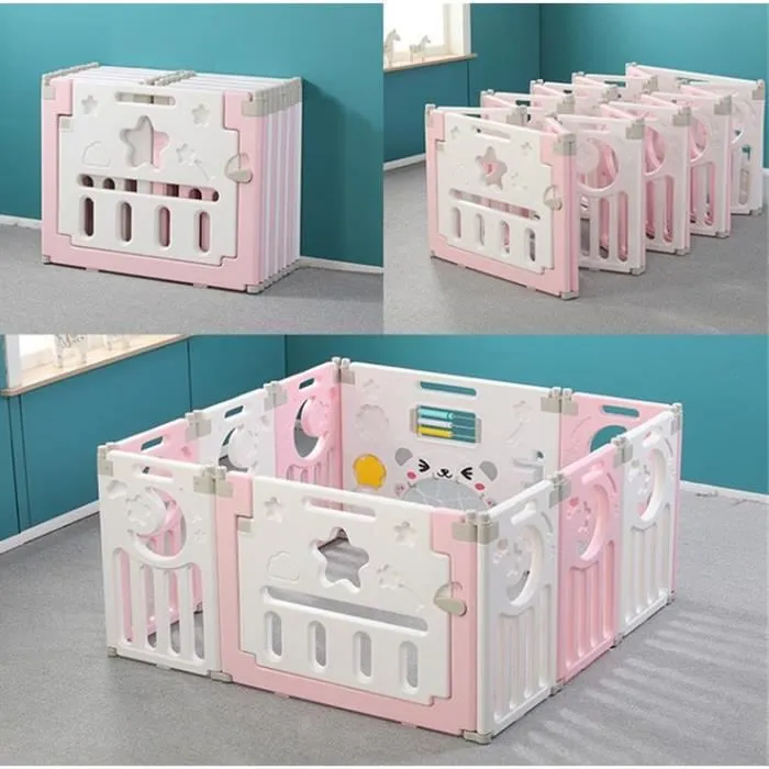 Parc Bébé Barrière Sécurité Plastique Pilable Enfant Protection 12 + 2 Panneaux d’Activité Porte Rose et Blanc-1