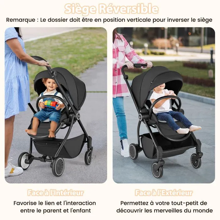COSTWAY Poussette Canne Pliable Bébé avec Siège Réversible & Dossier Inclinable, Panier Inférieur, Harnais à 5 Points, 15 kg, Noir-4