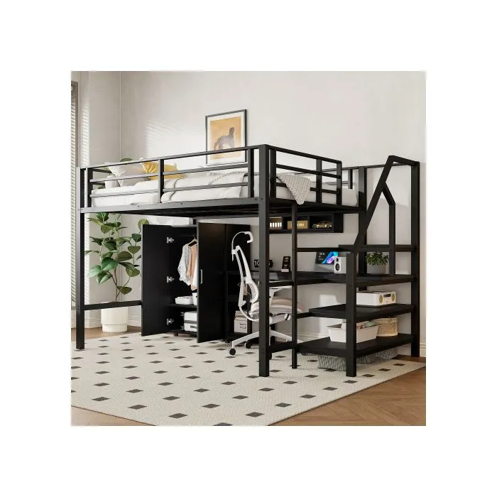 Lit mezzanine, 140*200cm , armoire, étagères, échelle de rangement, bureau, sans matelas, noir-0