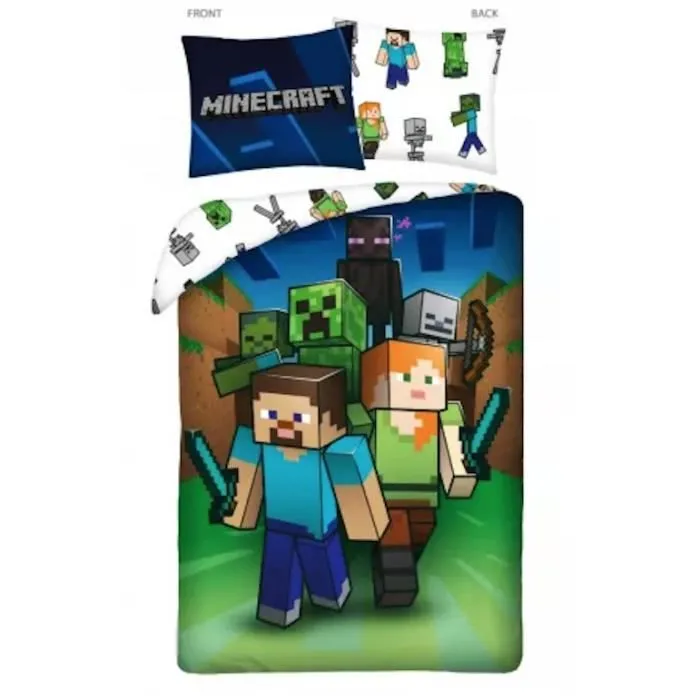 Literie - Minecraft - 140x200 cm - 100% coton - Housse de couette et taie - Vert, bleu, blanc-0
