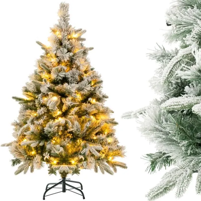 Sapin de Noël Artificiel LED 136 cm COSTWAY-Neige Blanche-150 Lumières Blanches Chaudes-384Branches en PE et PVC-Décoration de Noël-0