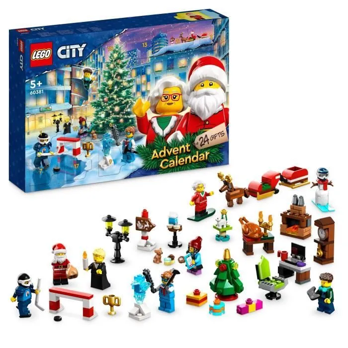 LEGO® City 60381 Calendrier de l'Avent 2023 - LEGO - 24 Cadeaux dont Figurines du Père Noël et du Renne-0