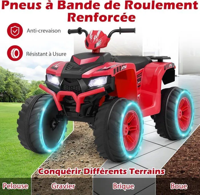 COSTWAY Quad Électrique 24V pour Enfants, avec LED, Musique, Radio, Démarrage en Douceur, pour Différents Terrains, 3 à 8 Ans, Rouge-4