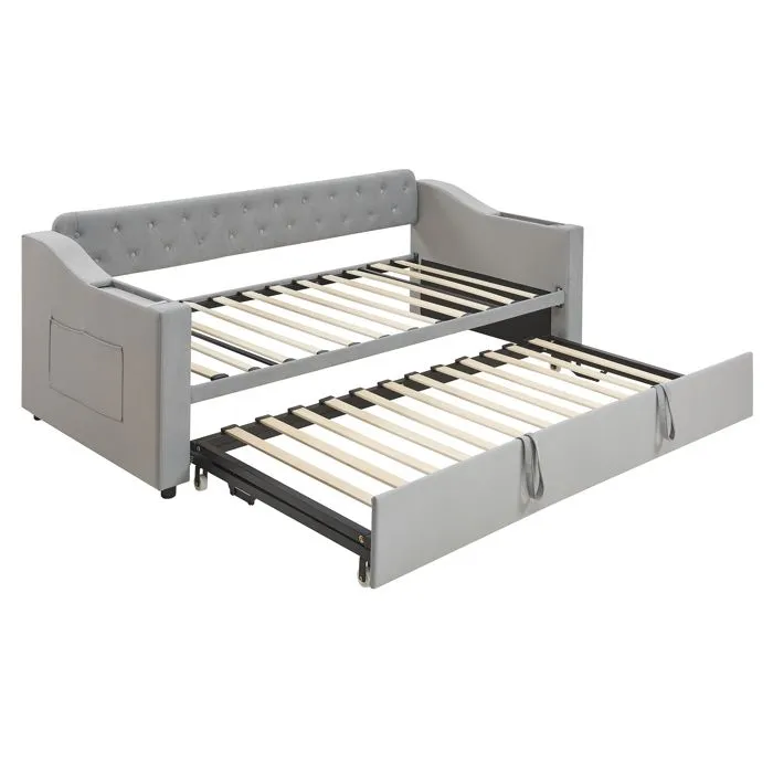 Lit gigogne - Canapé-lit - 90/180x190cm - Velours gris - Rangement intégré - Charge USB-5