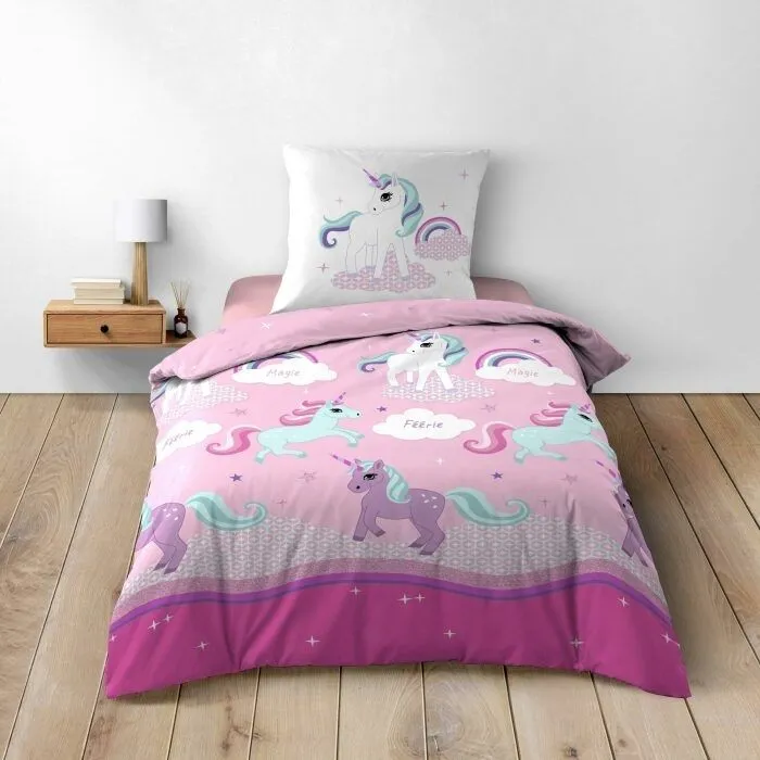 Parure de couette LICORNE - 2 pièces - 140 x 200 cm - 100% coton 42 fils - Rose, blanc, bleu et violet-1