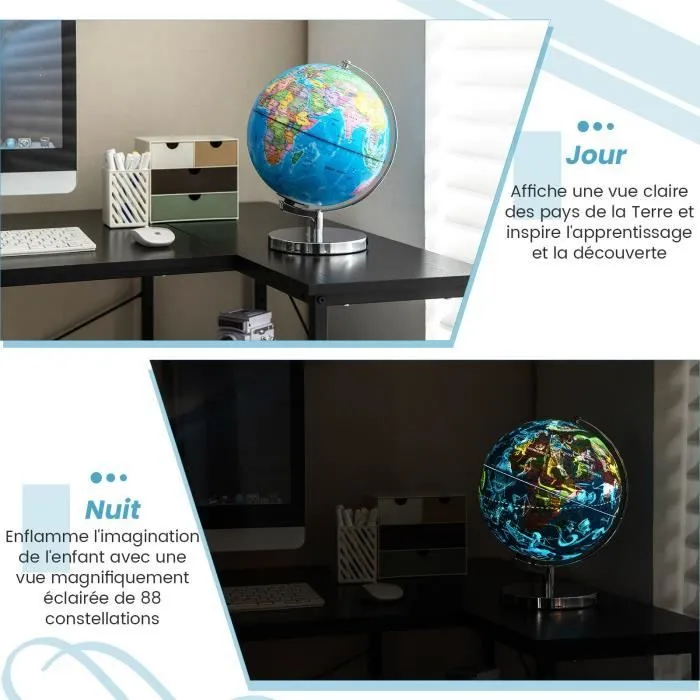 Globe Terrestre 23 cm COSTWAY Globe Jour & Nuit Lumineux - s illumine avec la Carte des 88 Constellations, Déco. de Bureau, Ecole-1