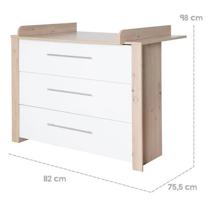 Commode à Langer ROBA - Malo - 3 Tiroirs à Fermeture Douce - Meuble à Langer avec Plan Amovible - Blanc - Chêne Clair-3