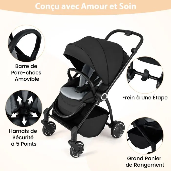 COSTWAY Poussette Canne Pliable Bébé avec Siège Réversible & Dossier Inclinable, Panier Inférieur, Harnais à 5 Points, 15 kg, Noir-2