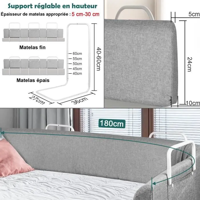 LZQ Barrière de lit d'enfant Barrière de sécurité Bébé Protection de Rail pour enfant, réglable en forme et hauteur - 180 cm, Gris-3