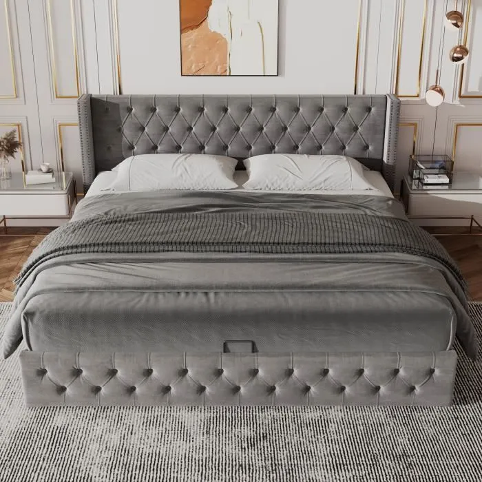 Lit coffre double 140x200 cm, lit capitonné en velours avec sommier, gris-1