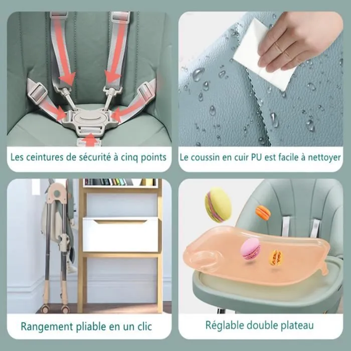 Chaise Haute Enfant - MARQUE - Modèle - Pliable - Réglable - Nettoyage facile - Avec Roulettes (Bleu)-1