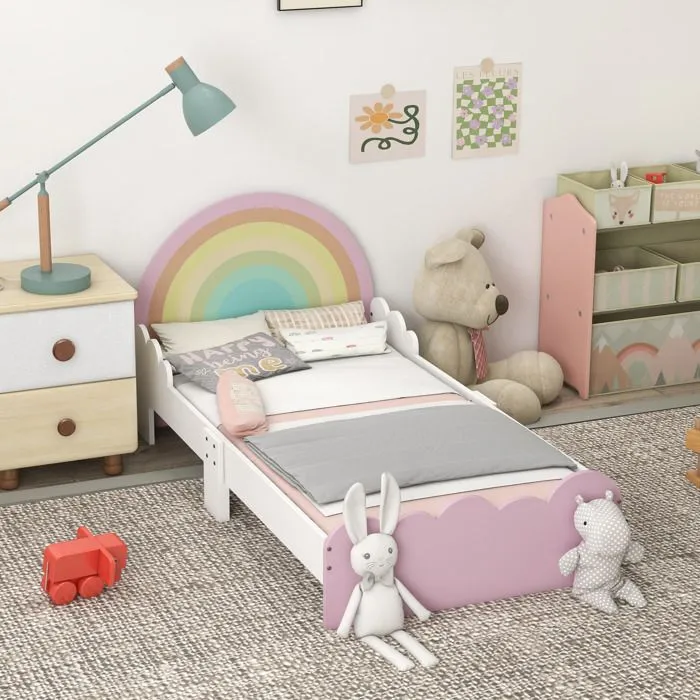 Lit enfant design girly motifs arc en ciel, nuages - sommier à lattes inclus - MDF contreplaqué rose blanc-2