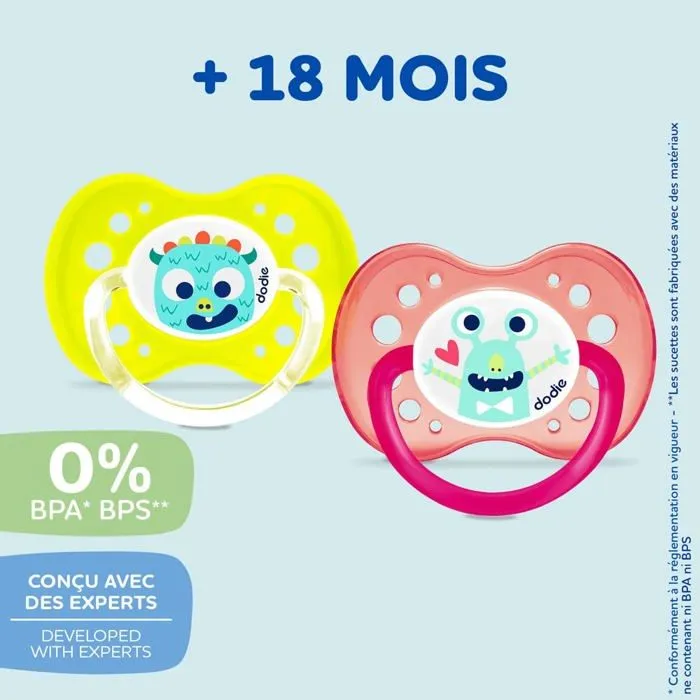 Sucette Dodie - 6012580 -Sucette Anatomique +18 mois FLUO MONSTRES A60 Coloris aleatoire-1
