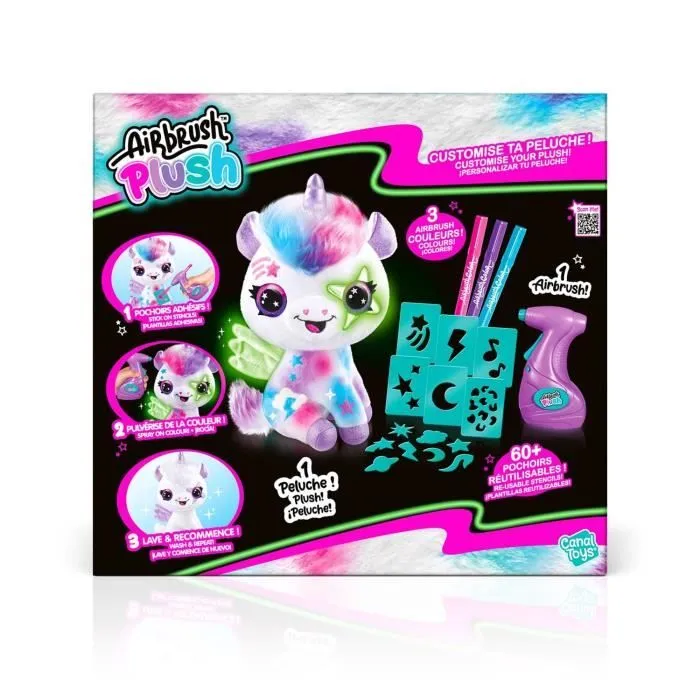 Canal Toys Licorne à Personnaliser Airbrush Plush - Peluche Spray Art avec Feutres et Pochoirs - dès 6 ans - OFG 274-1
