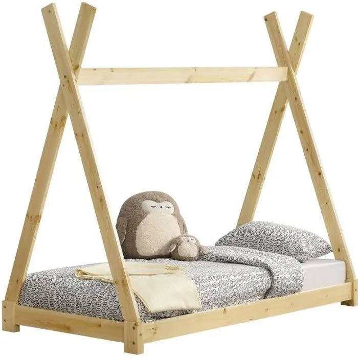 Lit de Tipi pour Enfant Onejda Bois Naturel 160 x 80 cm [en.casa]-0