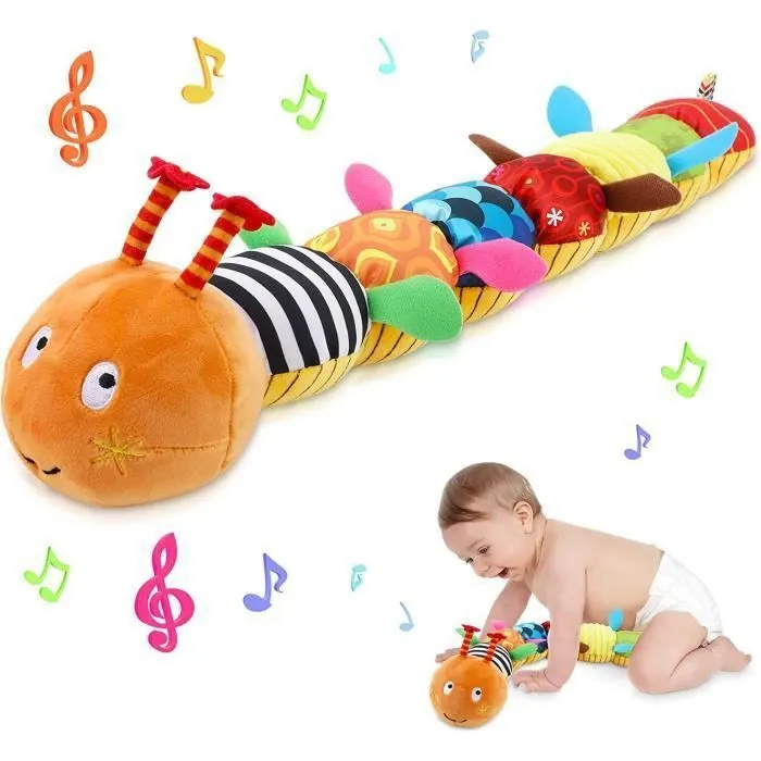 Jouet Musical en Peluche pour bébé,Jouet en Peluche avec Chenille hochet,Cadeau de Noël pour garçon Fille 3-6-12-18 Mois(Orange)-0