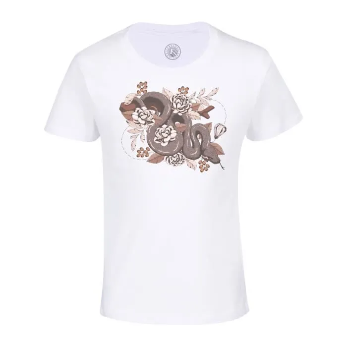T-shirt Enfant Blanc Serpent Floral Illustration Gothic Tatouage Dessin Original-0