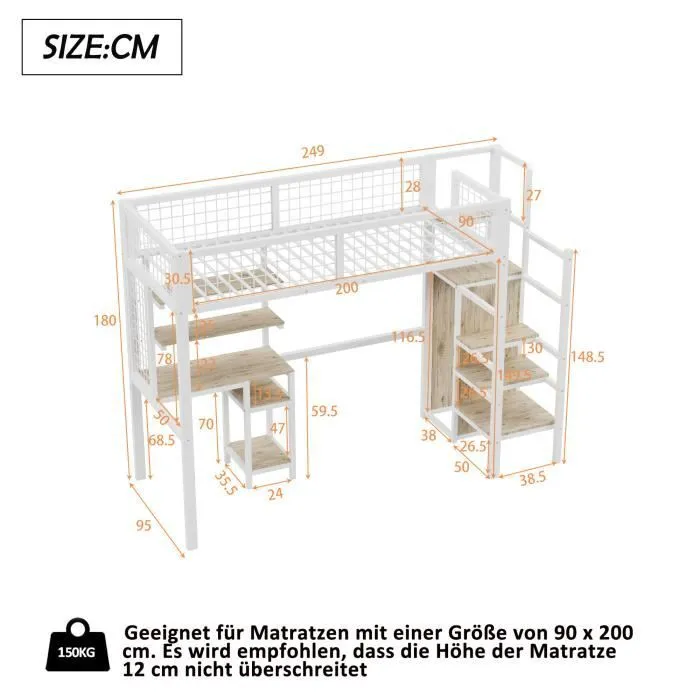 Lit mezzanine - DREAMMESPACE - 90x200cm - Blanc - Échelle de sécurité - Armoire intégrée-3
