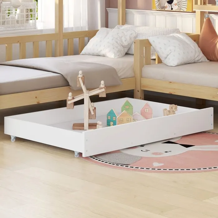 Lit Enfant Combiné avec Rangement -en Bois Massif- avec sommier à lattes-2 lits,Structure en L 90x200 cm+140x70cm- bois naturel-3