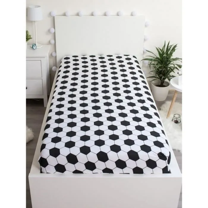 Drap Housse - Football - Noir et Blanc - 100% Coton - 90x200cm - Lavable en Machine-1