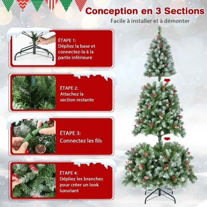 COSTWAY Sapin de Noël Pré-Éclairé Artificiel de 195cm avec 420 Lumières LED, 8 Modes d'Éclairage, Baies Rouges & Pommes de Pin-3