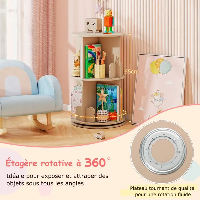 COSTWAY Bibliothèque d’Angle Ronde et Rotative pour Enfants à 2 Niveaux Étagère de Rangement Pivotante à 360° 40 x 65 cm Naturel-1