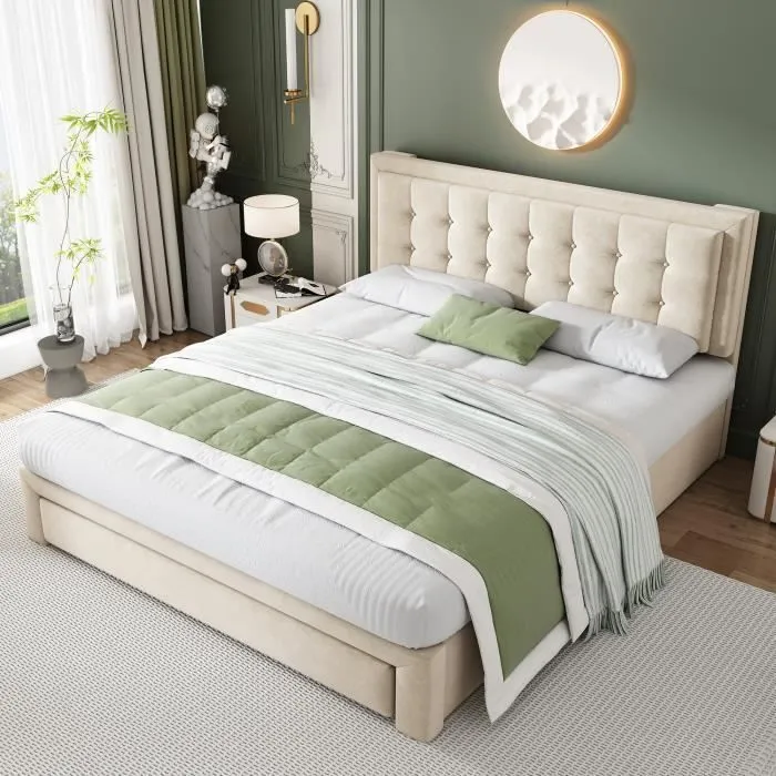 Lit coffre 180x200 cm avec 2 tiroirs, lit double avec sommier à lattes, tissu en velours, beige-2