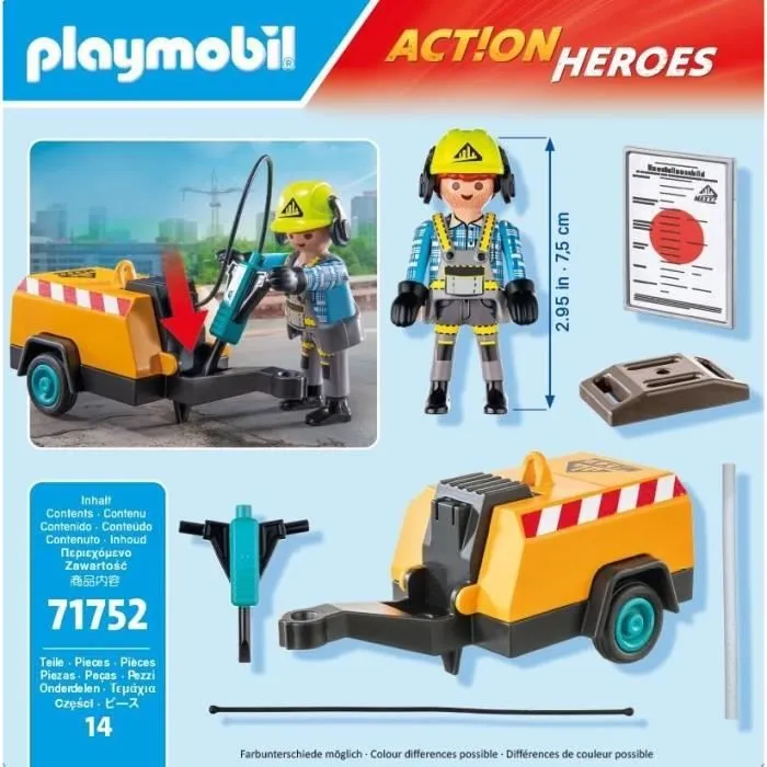 PLAYMOBIL 71752 Ouvrier marteau-piqueur et signalisation, Action Heroes, La construction, 14 pièces, Dès 4 ans-5