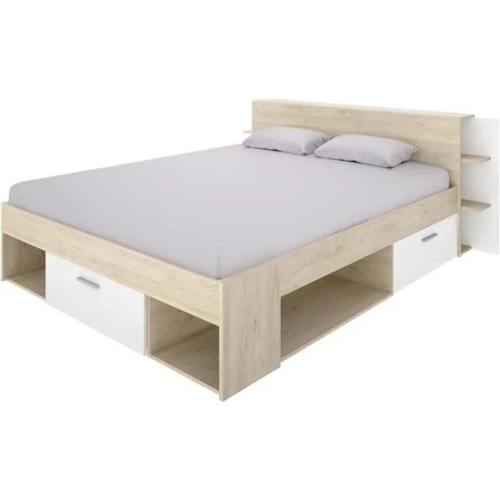 SAX Lit adulte - 140x190 cm - 3 tiroirs + Tête de lit avec rangement - Décor chêne et blanc-6