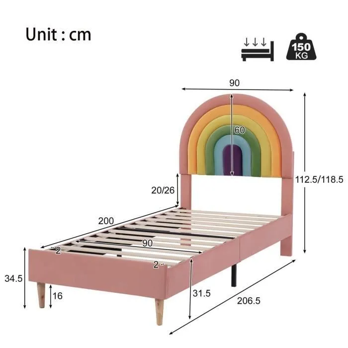 Lit enfant 90x200 cm en forme de l’arc-en-ciel, sommier à lattes, tête de lit réglable, tissu en velours, rose-3