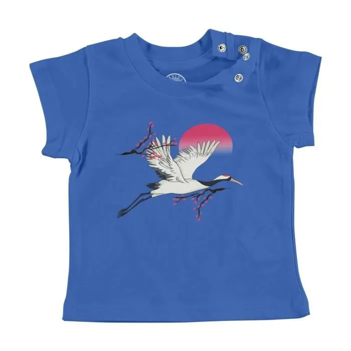 T-shirt Bébé Manche Courte Bleu Grue du Japon Oiseau Asie Faune Sakura-0