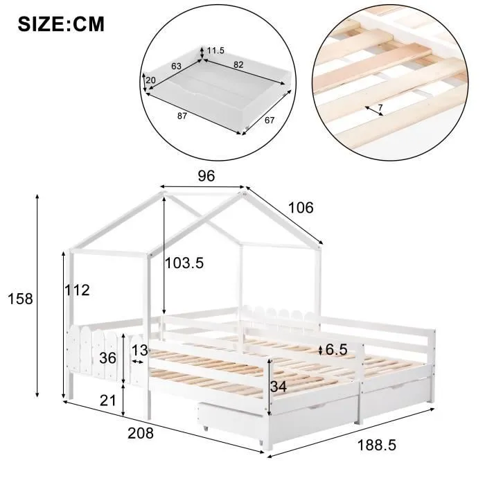 Lit cabane enfant 200x90cm, lit double avec 2 tiroirs en MDF, tiroirs sur roulettes, sommier à lattes en pin, blanc-3