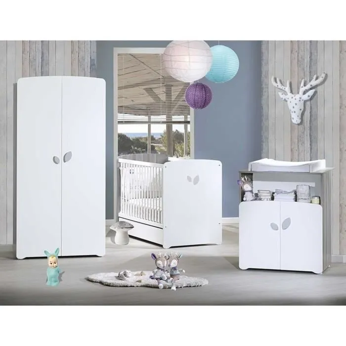 Chambre bébé trio Leaf: lit 120x60, commode à langer et armoire - Babyprice - Blanc-0