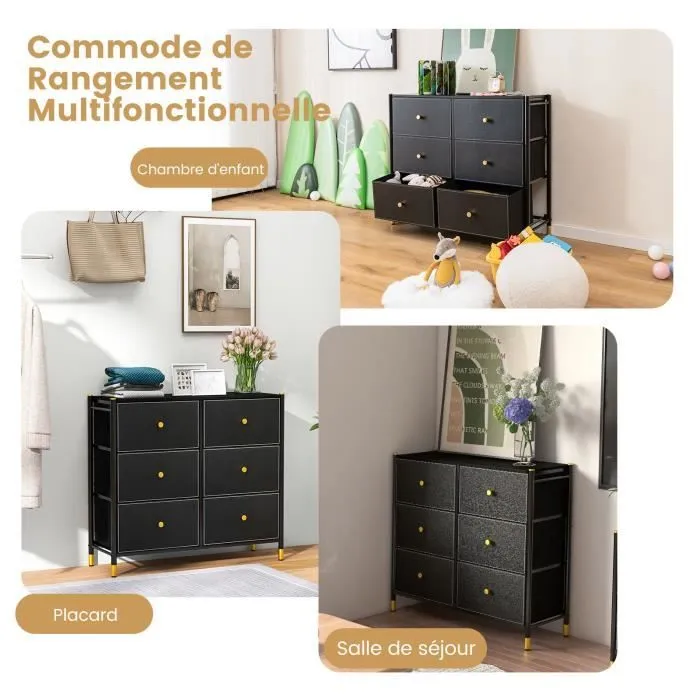 COSTWAY Commode Meuble de Rangement - 6 Tiroirs Pliables en Tissu, Poignée en Bois, Cadre en Métal, Pieds Réglables - Salon, Chambre-1