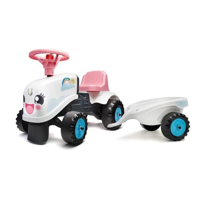 Porteur Tracteur Rainbow Farm avec remorque - FALK - Pour filles dès 1 an - Formes rondes et couleurs pastels-0