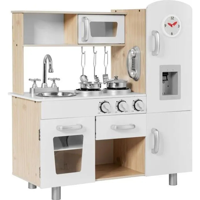 COSTWAY Cuisine Enfants en Bois 3 Ans+, Téléphone & Horloge Inclus, Lumière & Effet Sonore 6 Accessoires-0