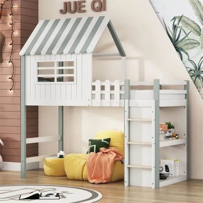 Lit mezzanine enfant90x200cm - forme toit avec échelle et rangement - DREAMMESPACE - Vert-0