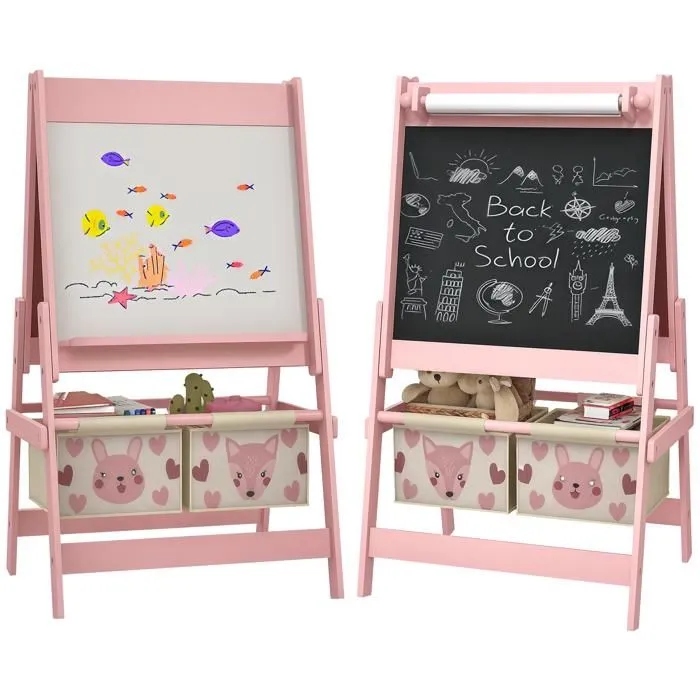 Tableau chevalet enfant - AIYAPLAY - double face - tableau blanc - tableau à craie rouleau papier - 2 paniers - rose-0