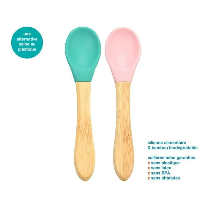Cuillères bébé en bambou et silicone - MINIKOIOI - Lot de 2 - Rose-1