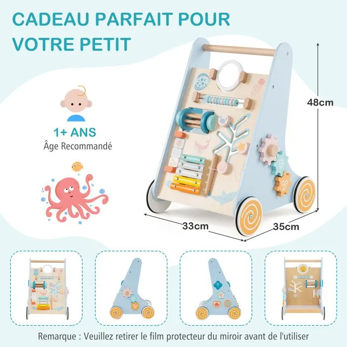 COSTWAY Trotteur Chariot de Marche sur Thème Océan 8 en 1 avec Miroir & Perles & Tambour, Roues, 1an+, Jouet Montessori, Bleu-2