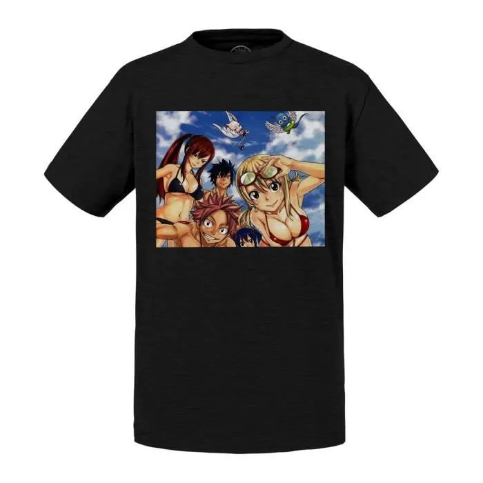 T-shirt Enfant Noir Fairy Tail Manga Natsu Erza Grey Lucy A La Plage Japon Anime-0
