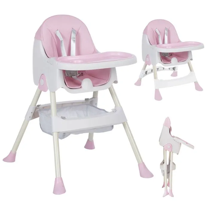 K IKIDO Chaise haute bébé, Chaise Haute Évolutive,De 6 mois à 3 ans,chaise 2 en 1 avec harnais 5 points, rose-0