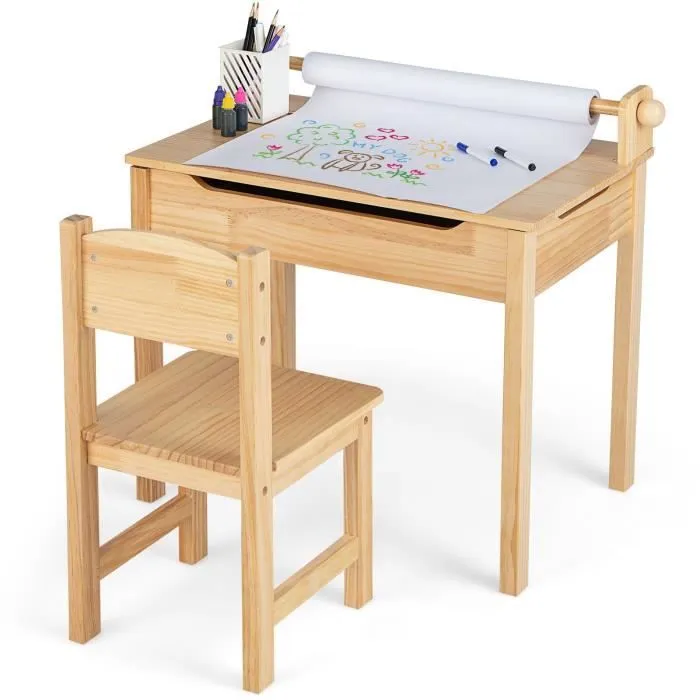 COSTWAY Bureau pour Enfants avec Chaise, Rouleau de Papier, Plateau Rabattable(Rangement Caché) en Bois pour 3+ Ans, Naturel-0
