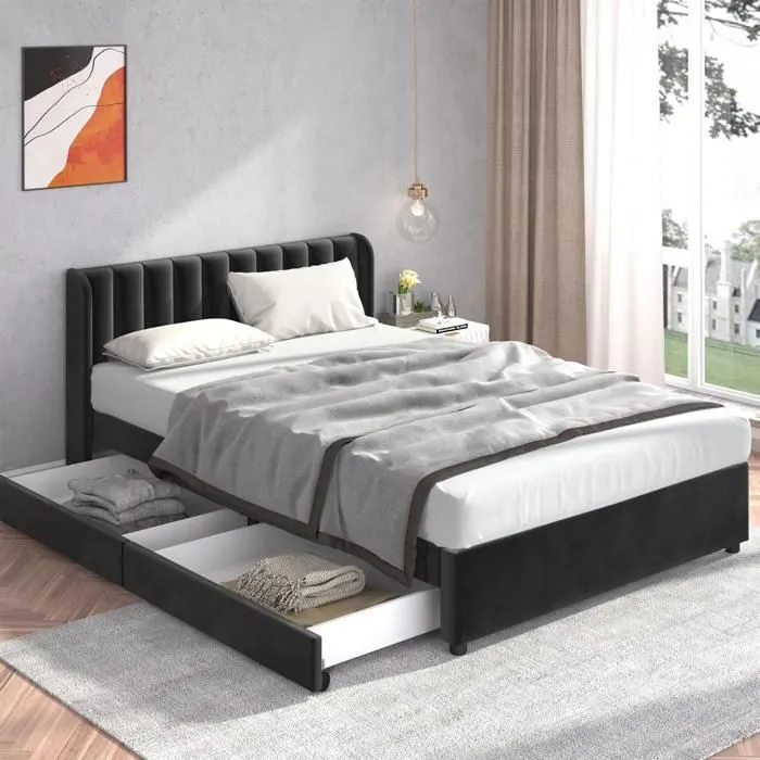 Lit double - Noir - 140 x 200 cm - Velours - Avec tiroirs - Style Scandinave-0