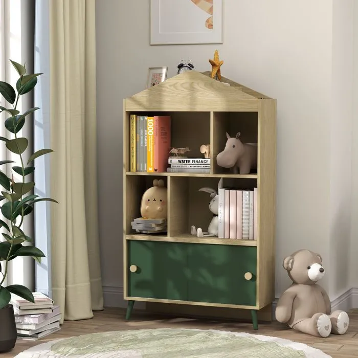 Bibliothèque et meuble de rangement - AIYAPLAY - jouets pour enfants, 4 étagères et placard porte coulissante, design - vert-2